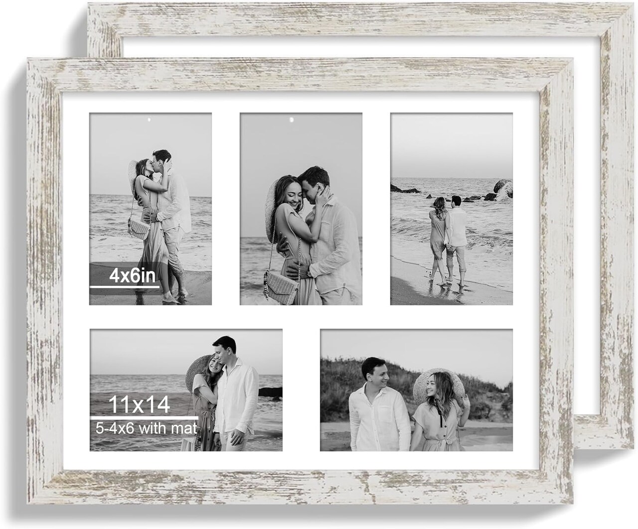 11x14 Picture Frame Set of 2 – Distressed White Wood with Real Glass, Collage Style for Five 4x6 Photos (with Mat) or Single 11x14 Photo (without Mat), Wall Gallery Display